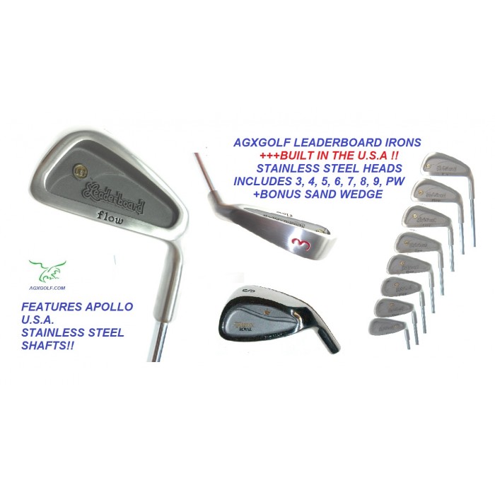 MEN'S LEADERBOARD OPTIMIZED WIDE SOLE IRONS SET wSTAINLESS STEEL SHAFTS + FREE SAND WEDGE; ALL SIZES